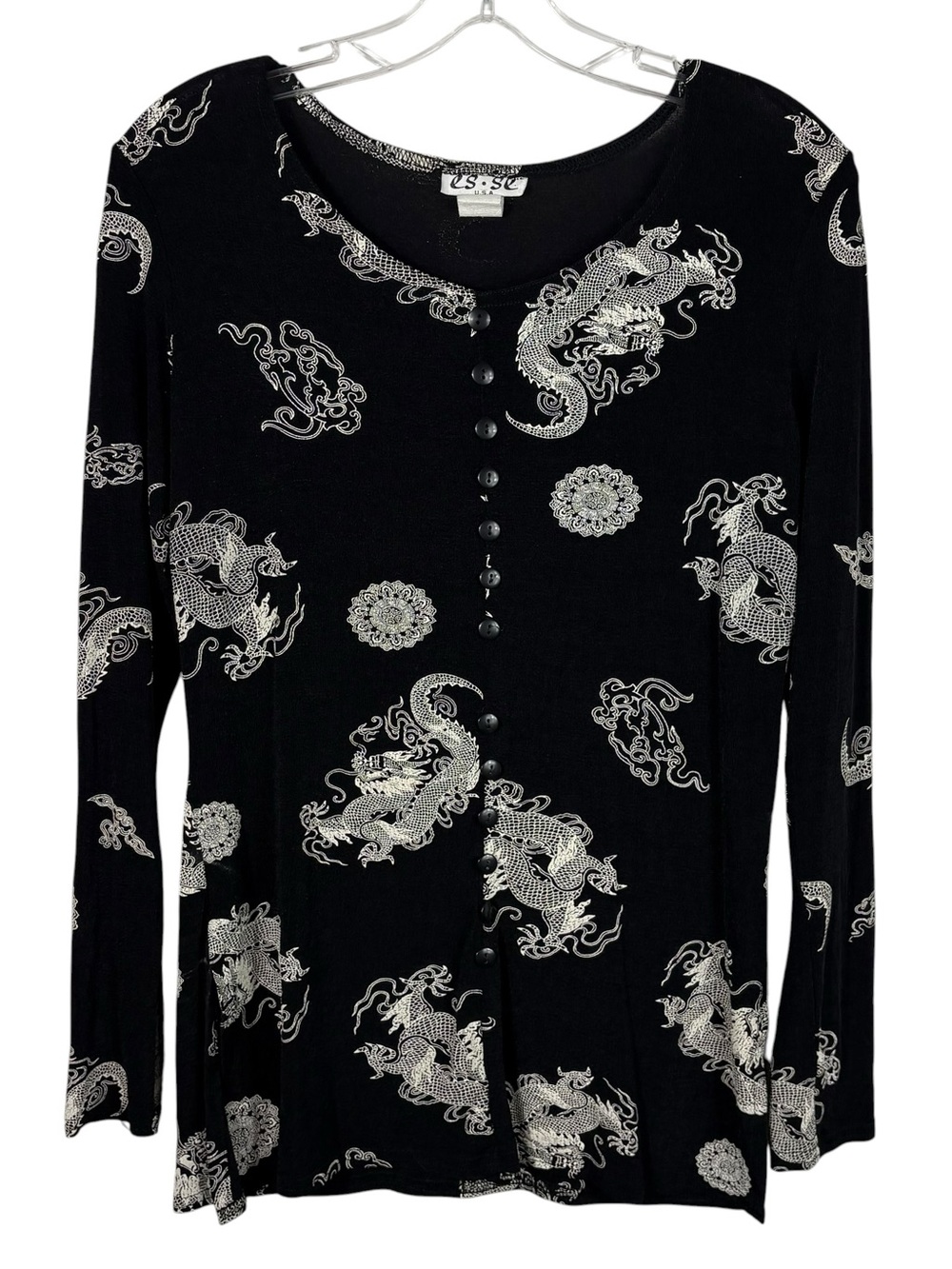 Vintage Y2K USA Made Esse Black Dragon Asian Print No Iron Button Down Top Small